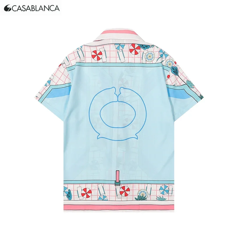 

CASABLANCA Newe Lapel Collar Men Women Shirt Thin Breathable Polyester Cartoon Print Splice Stripe Short Sleeve TEE Oversiz