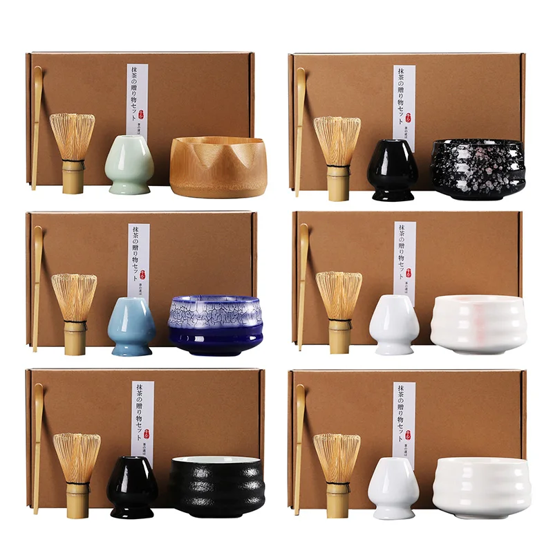 Protable 4pcs/set Traditional Matcha Gift Set Bamboo Matcha Whisk Spoon Ceramic Matcha Bowl Whisk Holder Japanese Teaware Sets