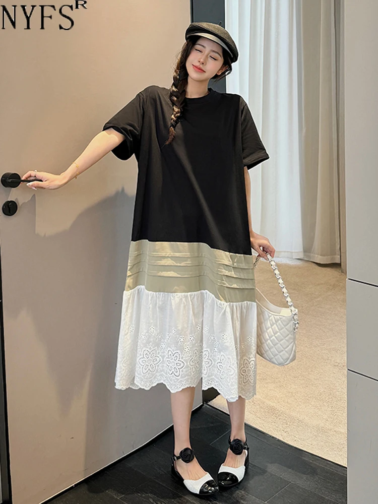 

NYFS 2024 Summer New Korea Woman Dresses Vestidos Robe Elbise Loose Plus Size Patchwork Lace Hem Short Sleeve Long Dress