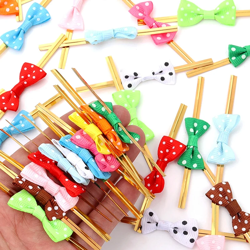 100PCS Bow Tie Packaging Golden Wire Bowknot Binding Wire Lollipop Candy Gift Packaging Bag Fastening Seal Tie DIY Gift Decor