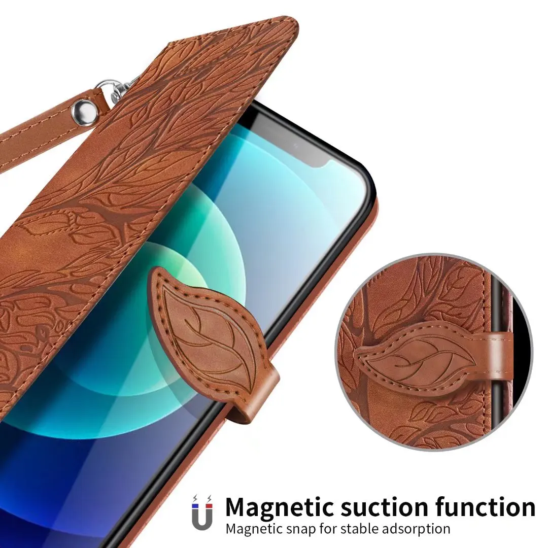 Embossed Tree Leather Phone Wallet Case Book Flip Cover