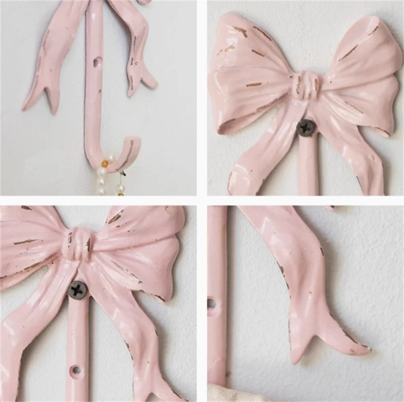 Pink Bow Wall Mounted Hook Towel Hooks For Bathroom Clothes Coat Hanger Bedroom Back Door Hooks Diy 6