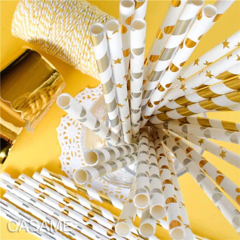 Party Supplies Paper Straws 25pcs Metallic Foil Stripe