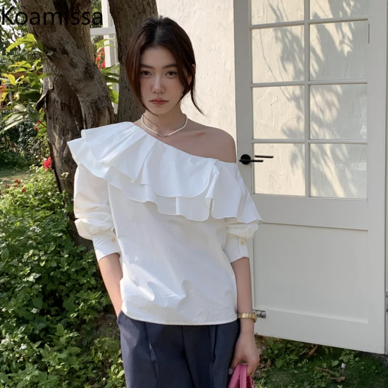 

Koamissa Elegant Women Solid Blouse New Ladies Long Sleeves Spring Summer Shirt Female Ruffles French All Match Korean Chic Tops