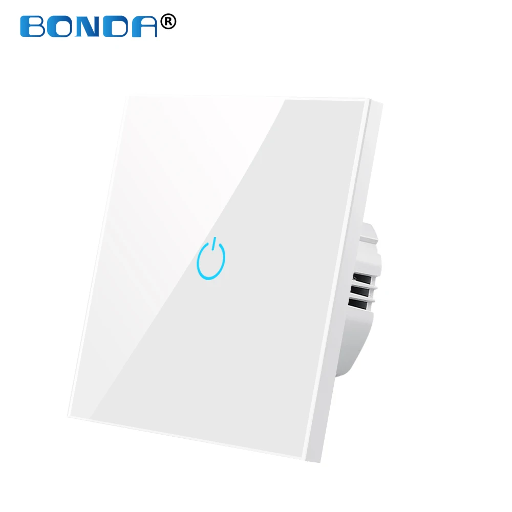 BONDA Wall Touch Switch 220V EU Standard Tempered Crystal Glass Panel Power 1/2/3 Gang 1 Way Light Sensor Switches Waterproof light switch night light Wall Switches