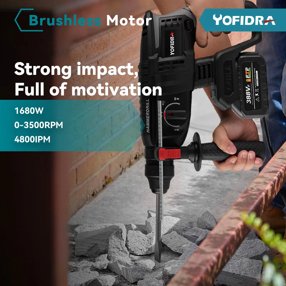 Yofidra 26mm Brushless Electric Hammer Impact Drill Multifunction Efficient Cordless Rotary Power Tool For Makita 18V Battery images - 6