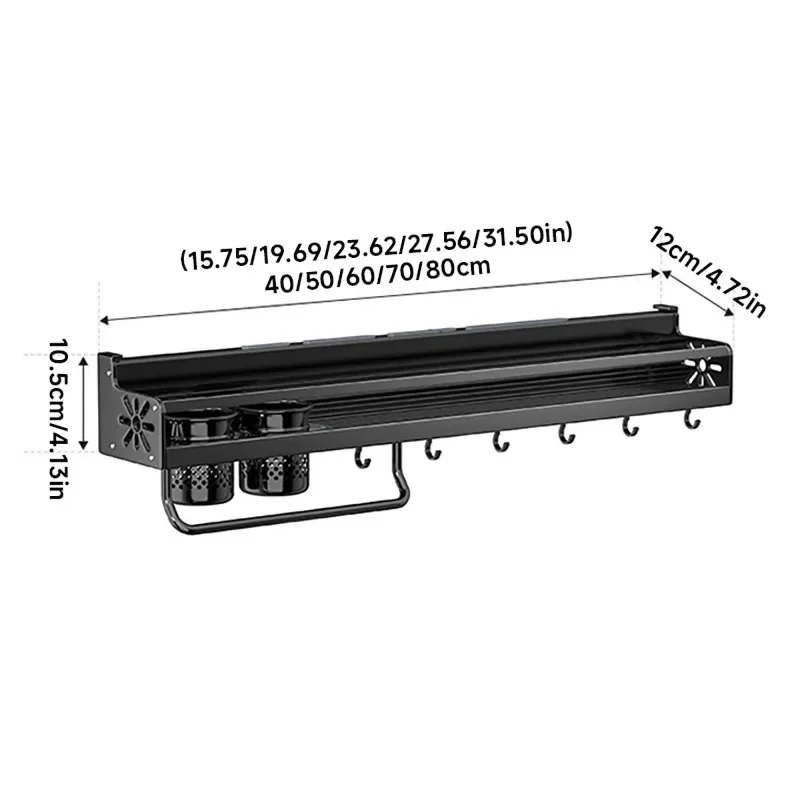 Black Wall Mounted No-Punch Large Capacity Storage Utensils Metal Kitchen Shelf Skeletonized Drainage Design Easy To Clean