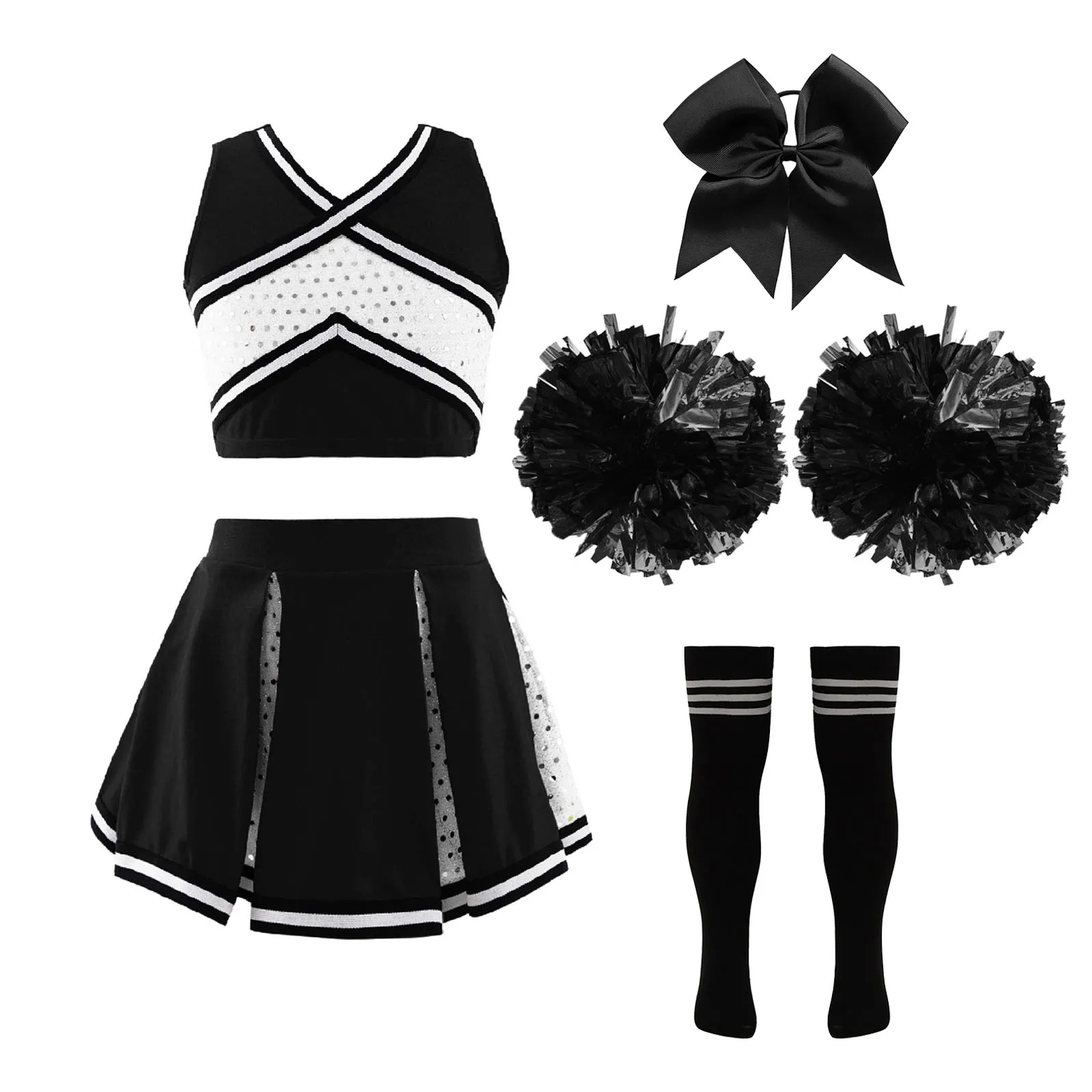 thumbnail image 1 of Disfraz de animadora para niños, uniforme de baile, traje de animadora, top corto sin mangas con lentejuelas, falda con calcetines, conjunto de ropa de baile para niñas de la escuela, 1 of 5