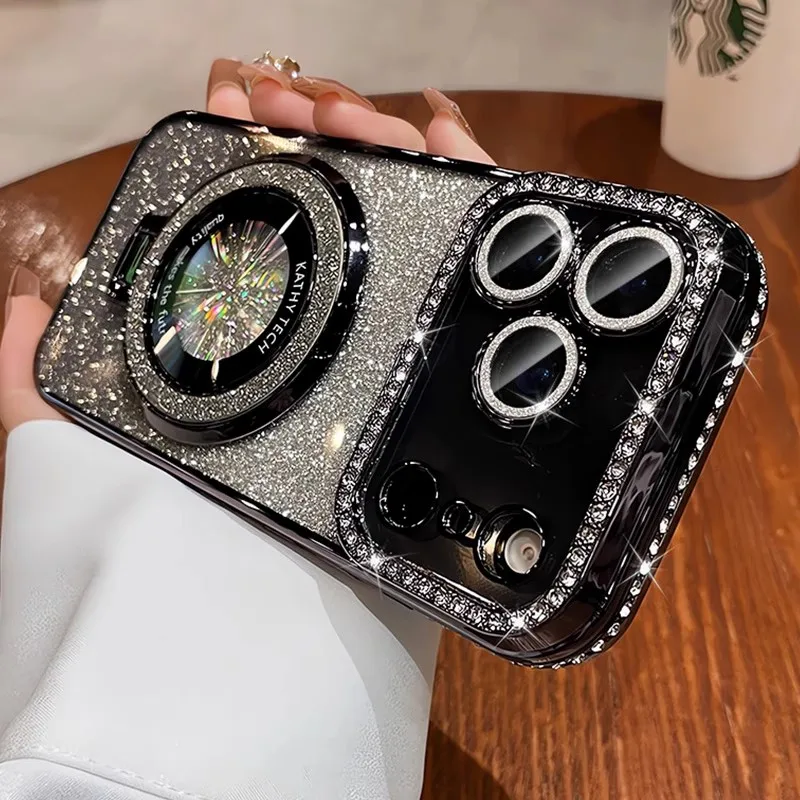 Luxury Plating Diamond Glitter Holder Stand Phone Case For iPhone17 16 15 14 13 12 Pro Max For Magsafe Lens Protector Back Cover S54cee302e96248d6b8760ecae20704e7s