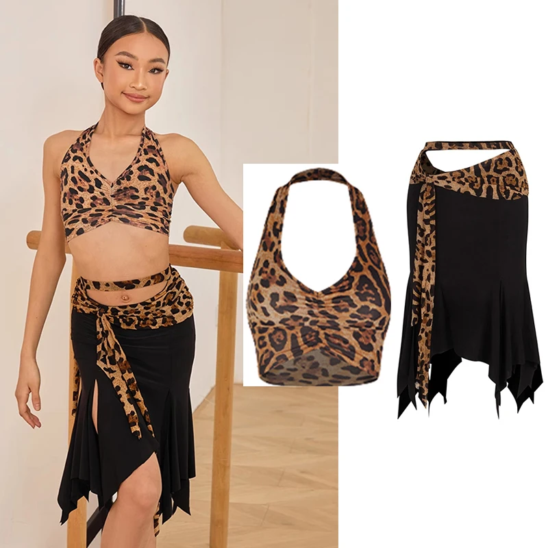 アルゼンチンタンゴ　セットアップ豹柄 2025 Girls Latin Dance Costume Leopard Tops Irregular Skirt