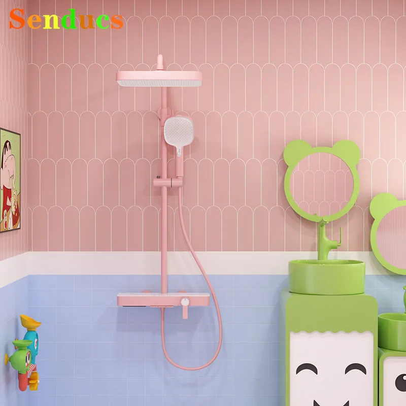 ชุดฝักบัวอาบน้ำแบบเปียโนสีชมพู พร้อมฝักบัวแบบเรนชาวเวอร์ขนาด 12 นิ้ว ทำจากทองเหลือง ระบบน้ำร้อนน้ำเย็นแบบเปียโน 1