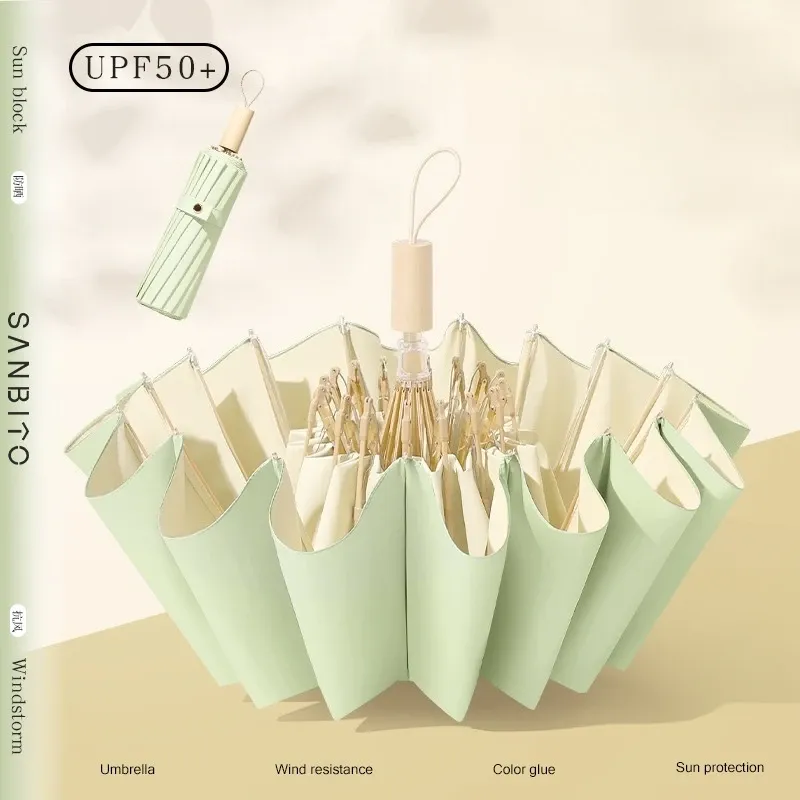 16 Ribs 3 Fold Sun Umbrella Windproof UV Protection Parasol Compact For Women All Weather Travel