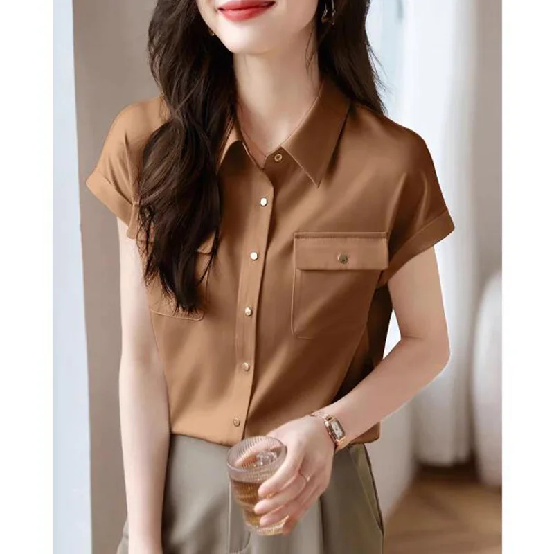 

Женская блузка на пуговицах, однотонная элегантная рубашка с отложным воротником и коротким рукавом, с карманами, лето 2023