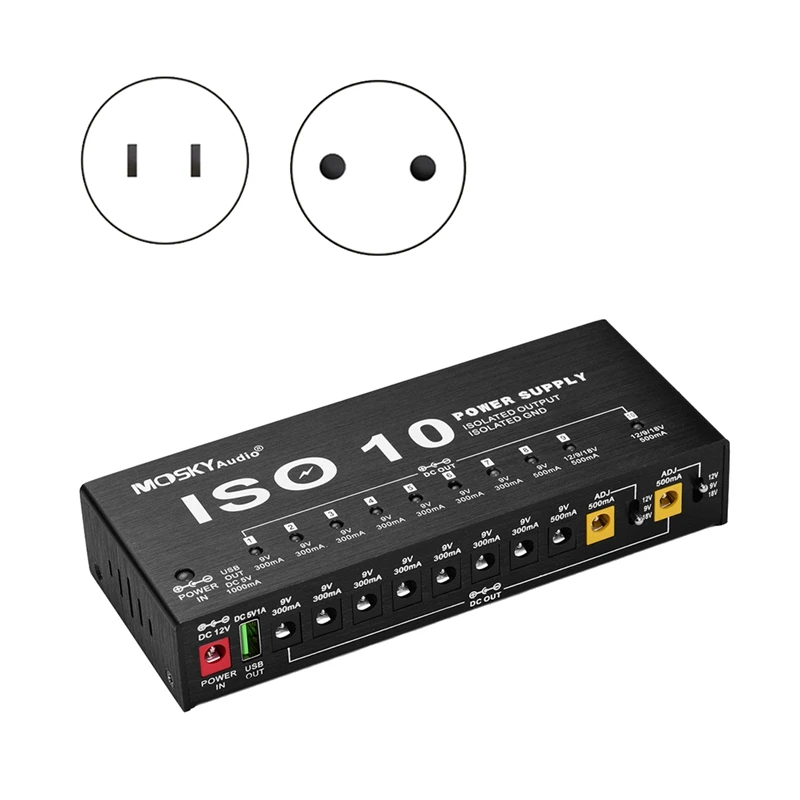 

MOSKY ISO-10 Guitar Effect Pedal Power Supply 10 Isolated DC Outputs/ 5V USB Output,Protection Guitar Accessories