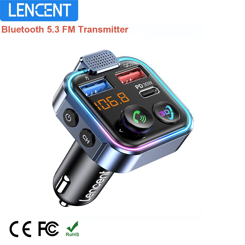 Trasmettitore FM Bluetooth LENCENT Per Auto - 5.3, Ricarica PD 30W, Controllo Bassi/alti - Foto 5