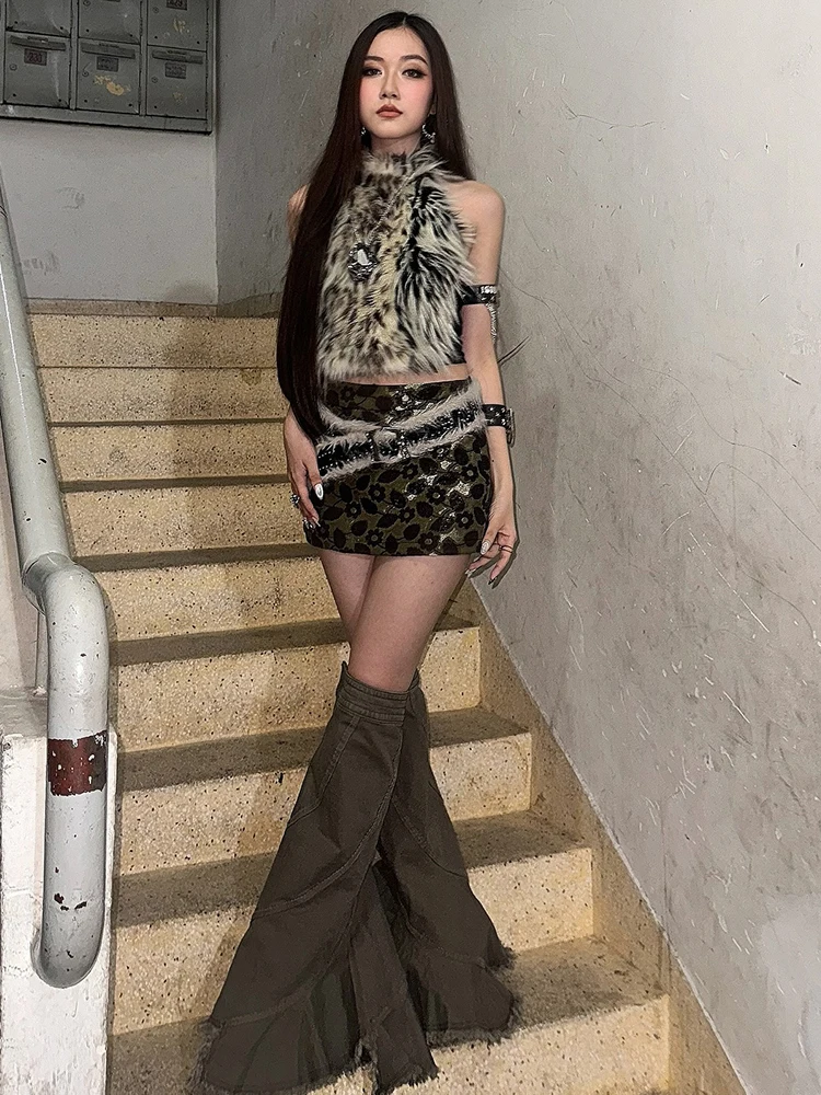 Nibber Hottie Leopard Tassel Tank Tops Women Sexy Furry Patchwork Halter Sleeveless Stretch Coquette Midnight Party Clubwear