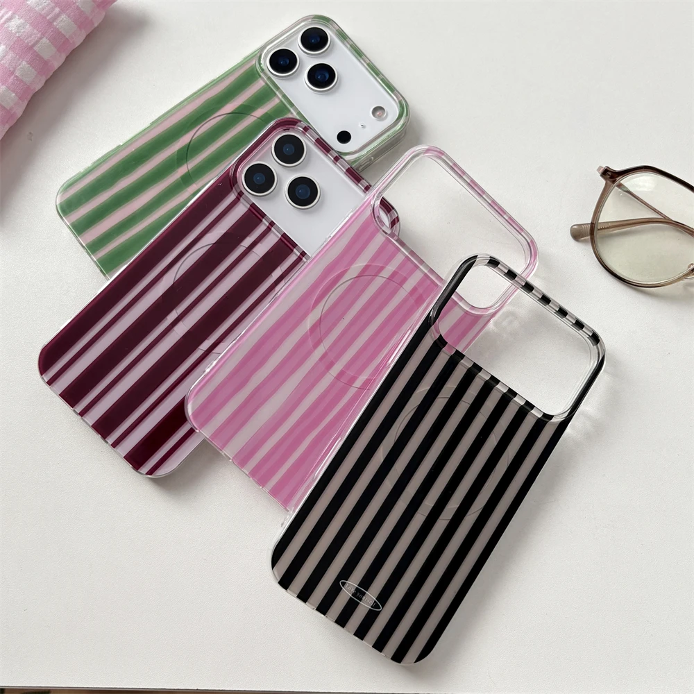 Cute Colorblock Stripes Pattern For Magnetic Wireless Charging For iPhone 17 16 15 14 13 12 Pro Max 11 Pro Max Shockproof Cover 4