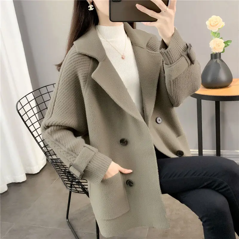 

Новинка Осень-зима двустороннее шерстяное пальто средняя длина корейский Свободный вязаный универсальный модный толстый кардиган куртка для женщин Z992