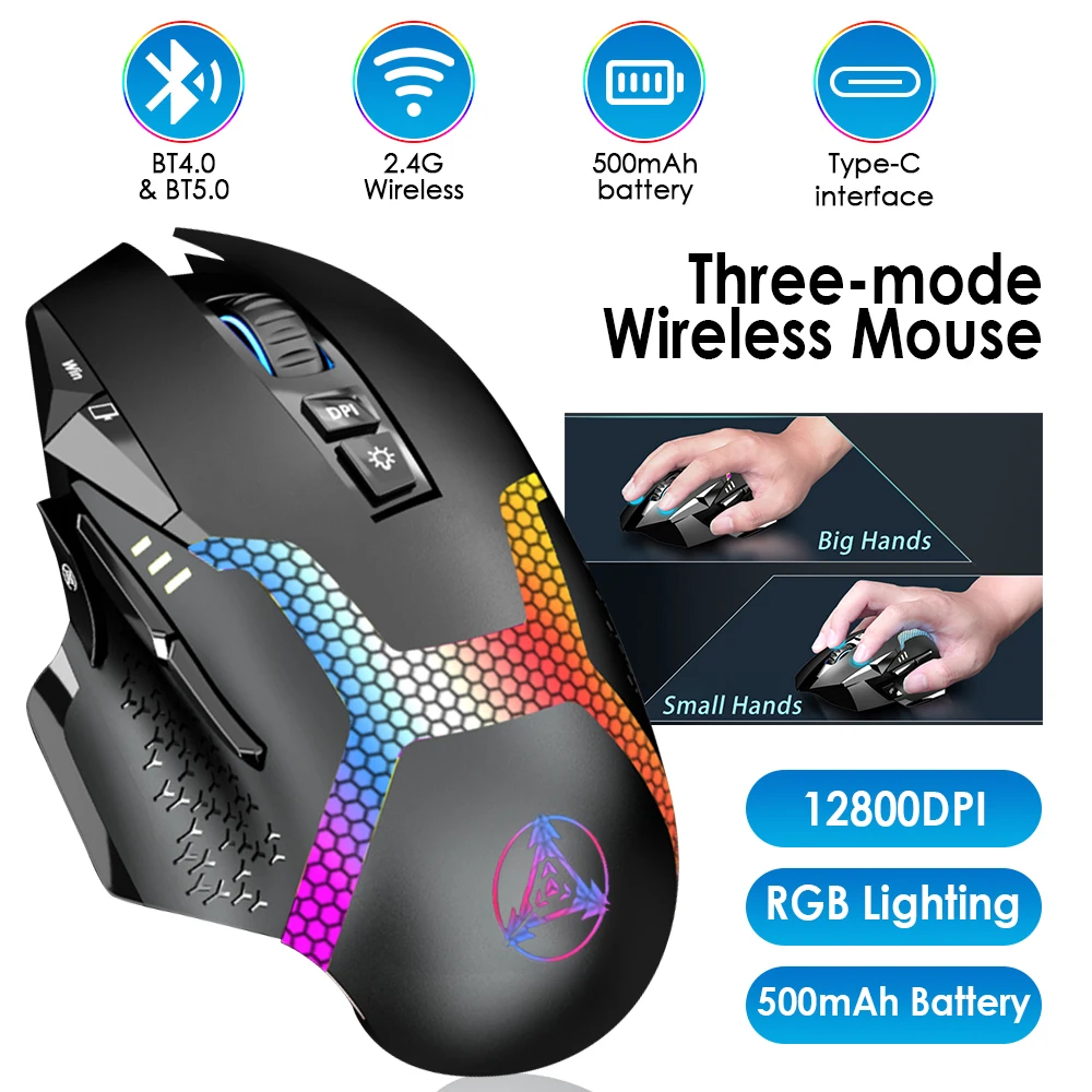 

Hot 3-Modes Wireless Bluetooth Mouse Ergonomic Optical Gaming Mouse 2.4G + BT4.0 + BT5.0 Modes RGB 12800DPI/4000DPI Gaming Mouse