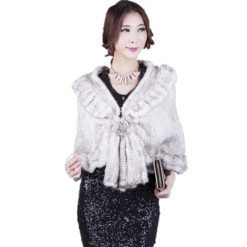 

New Fashion Women Real Mink Fur Shawl Hand Knitting Cape Winter Lady Warm Solid Poncho Falbala Wraps