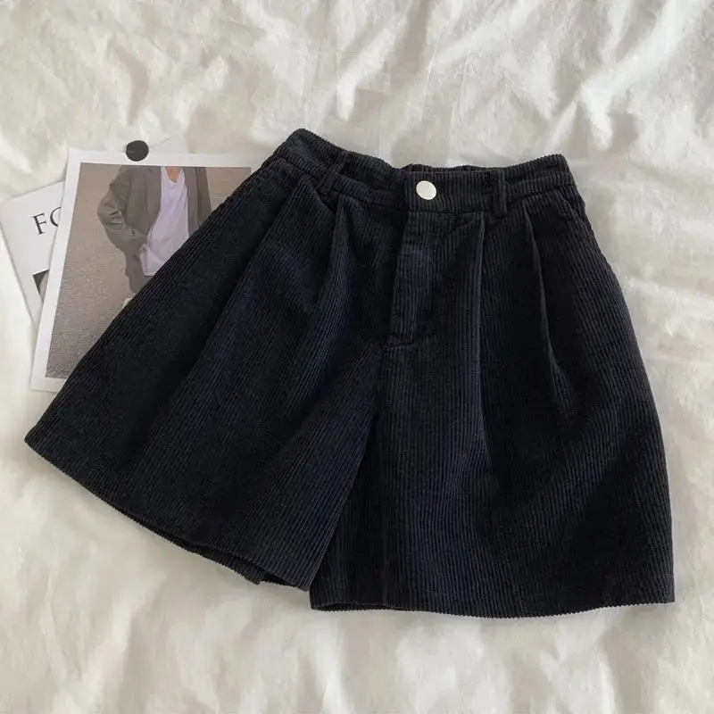 Short En Velours Côtelé Pour Femme – Taille Haute, Coupe Droite, Confortable, Couleur Noire | Pour Loisirs, Sorties, Décontracté