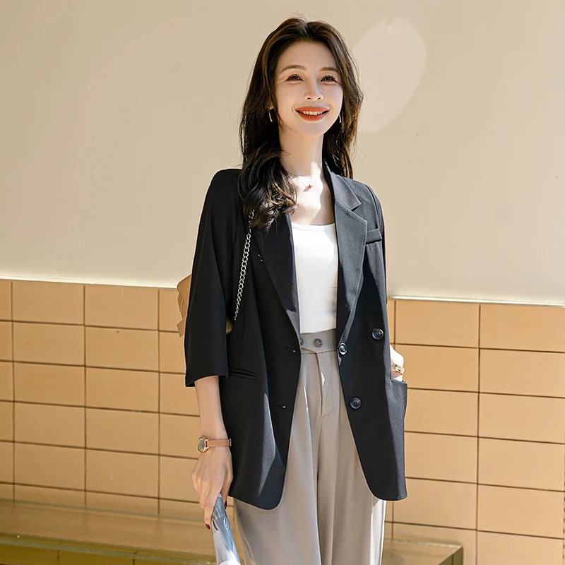 Spring and Autumn Daily Coat Women's Blazers Thin Fashion Loose Thin Seven Points Sleeve Lapel Suit Short Sets Jacket for Lady