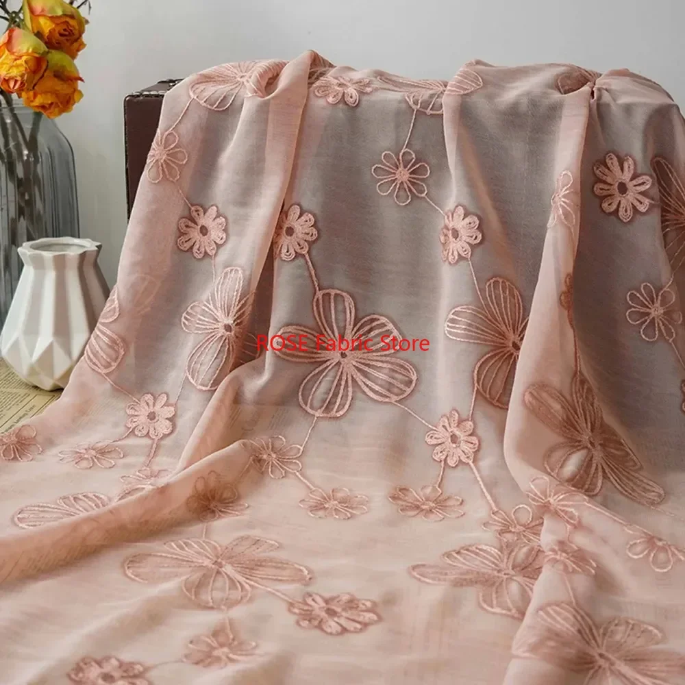 Elegant Green and Beige Floral Embroidery Chiffon Tulle Fabric for Dresses and Costume Design