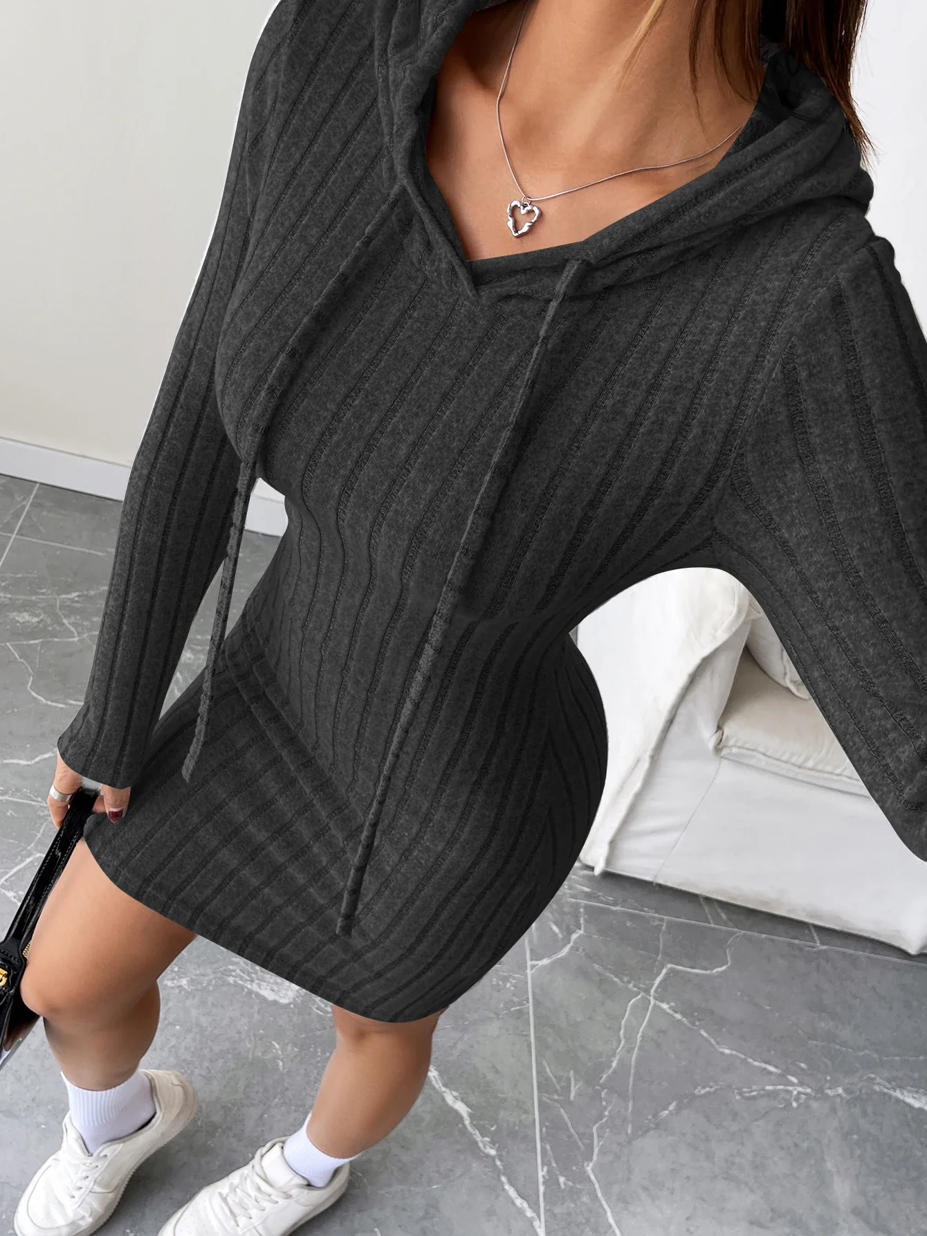 Ribbed Knit Hooded Slim-Fit Dress With Drawstring For Casual Days — photo 5
