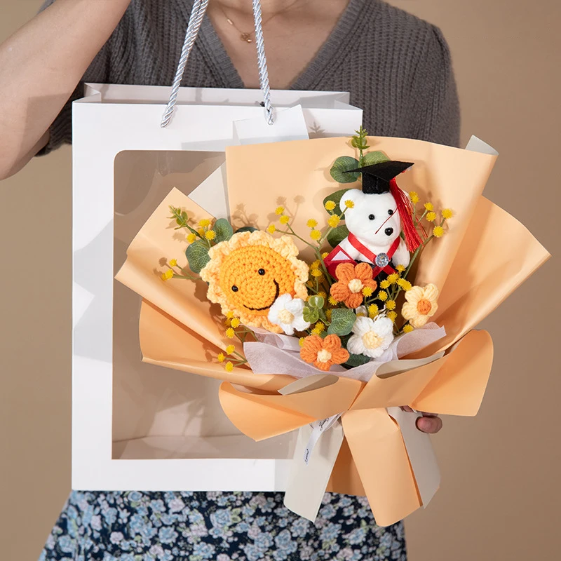Creative Flowers Bouquet Hand-woven Flower Bouquet Finished Crochet Flower  with Portable Paper Bag Party Decoration Gift 꽃다발 ブーケ - AliExpress
