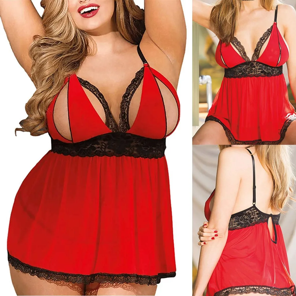 Sexy Nachtwäsche Damen Plus Size Ärmellose Dessous Rote Babypuppe Spitze Split Cup Nachtwäsche Seksi Gecelik Camisola Lady_voghion.com