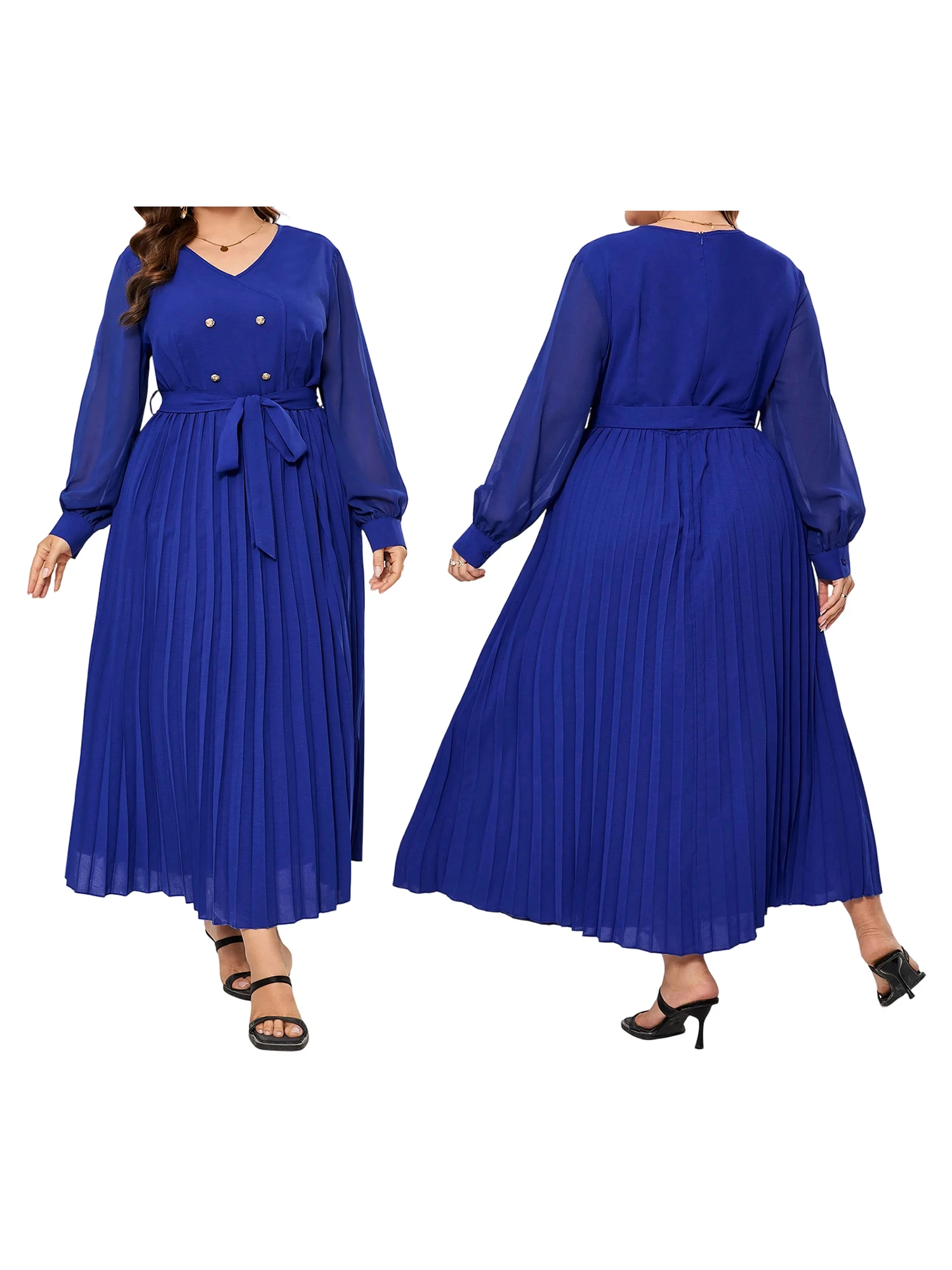 Elegant Floral Print Maxi Dress with Belted Waist and Ruffle Detailing Chic V Neck Long Sleeve Plus Size Dress for Women
