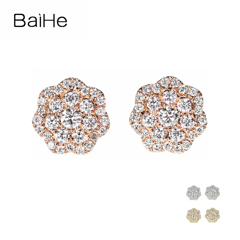 

BAIHE Solid 14K Rose Gold 0.78ct H/SI Natural Diamond Flower Stud Earrings Women Trendy Fine Jewelry Aretes de flores kolczyki