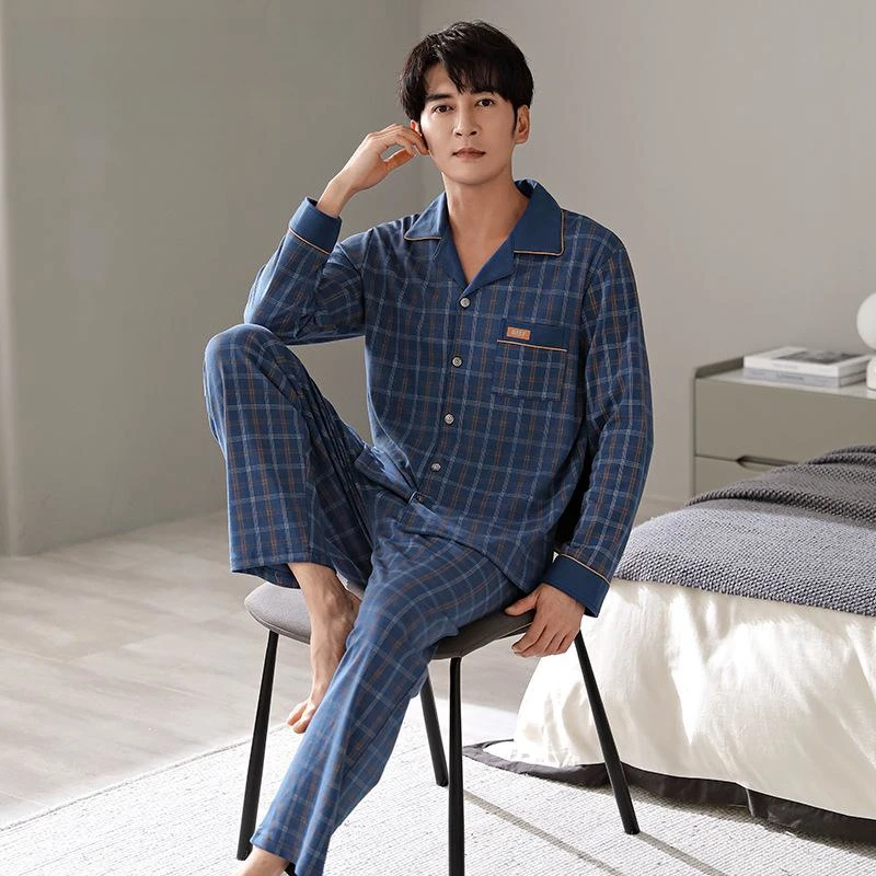 Spring Autumn Men's Pajamas Pure Cotton Lapel Long Sleeve Plaid Cardigan Pants Oversized Loose Fitting Casual Home Clothing Set cotton pajamas men s set shirts and long pants loose button turn down collar spring summer home casual plaid female