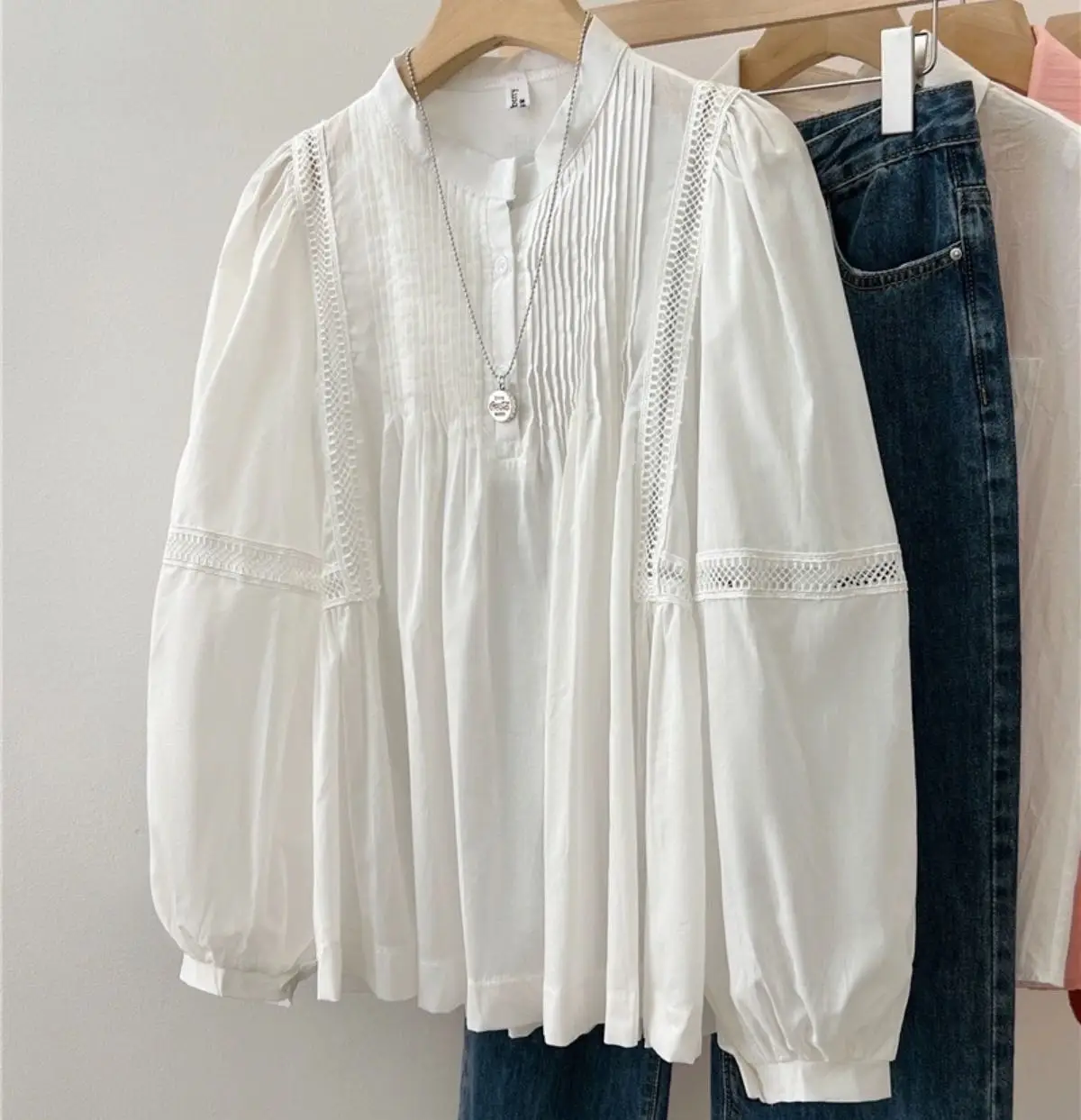 

Korean Style Casual Cotton Shirt Top Summer New Design White Blouse Lantern Sleeve Top 2023 Fashion