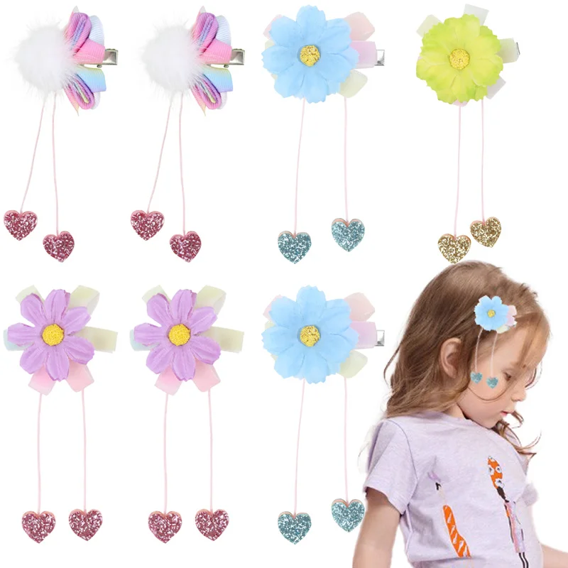 

2Pcs Plush Ball Hair Clips For Girl Glitter Tassel Pendant Hairpins Handmade Butterfly Barrettes Headwear Kids Hair Styling Tool