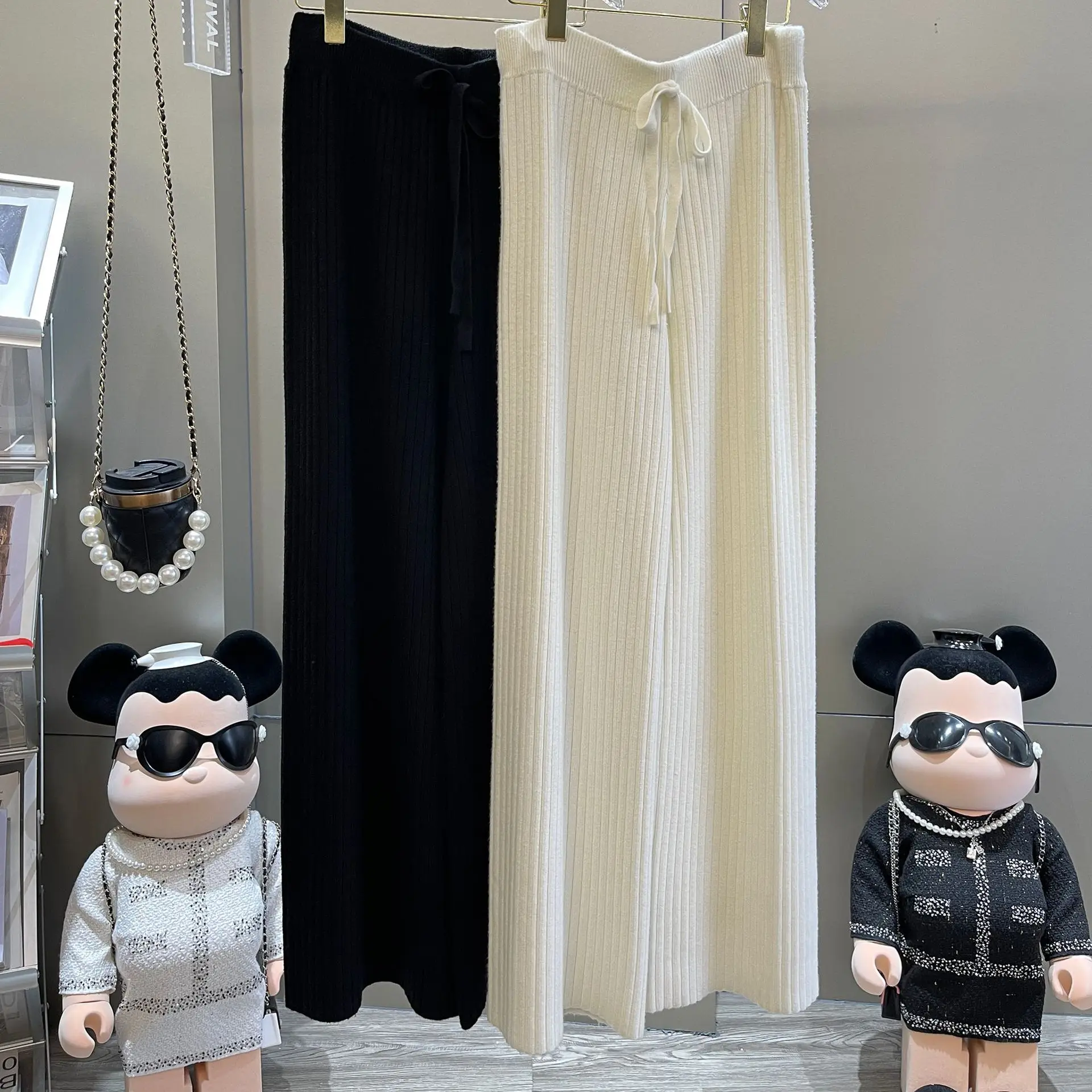 

2023 autumn new elastic knit drawstring elastic waist loose comfortable wide leg casual women's pants