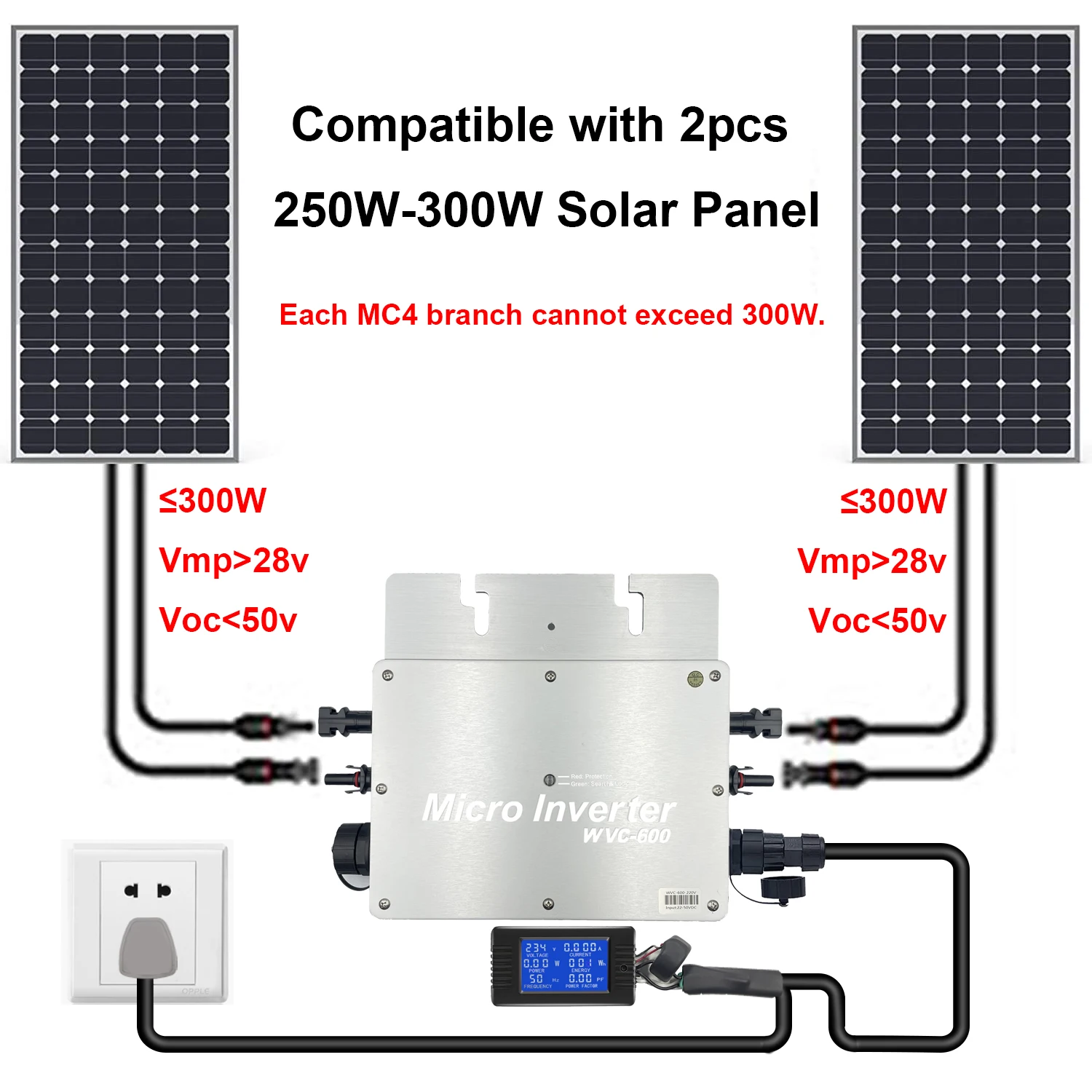 600W WVC Serie MPPT Solar Grid Tied Micro Inverter Wasserdicht IP65  DC28-50V PV Eingang AC180-260V Reiner Sinusausgang für 30V 3