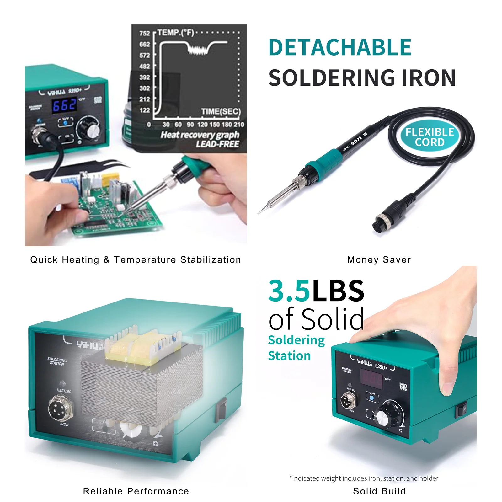 939D+Digital Soldering Station 75W 392-896°F Precise Heat Control Built-in Trans