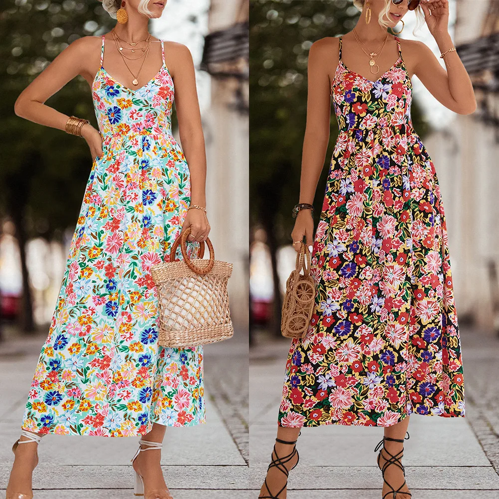 

2023 Boho Maxi Sundress Flora Printed Sexy Deep V-Neck Sleeveless Backless High Split Sundress Summer Beach Style Halter Dress