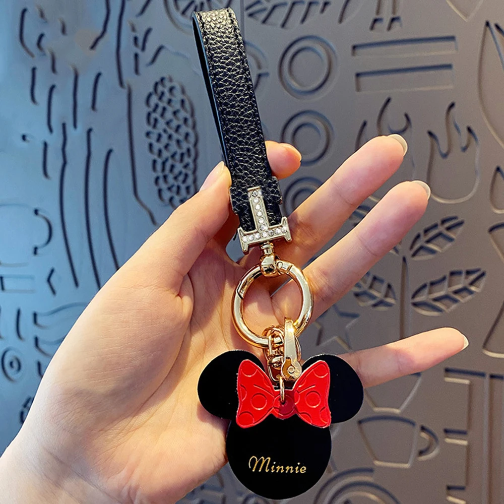 Cute Genuine Leather Keychain Mickey Mouse Lanyard Keyring Clothes Backpack  Bag Pendant Car Accessories Horseshoe Buckle Gifts