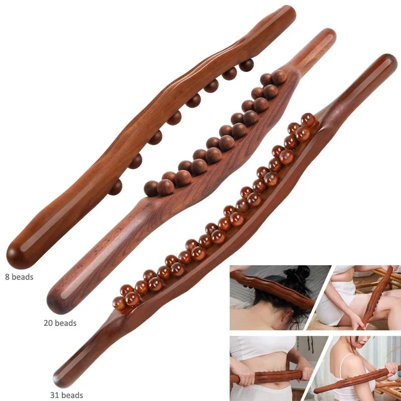

8/20/31 Beads Gua Sha Wooden Massage Stick Carbonized Wood Back Scraping Meridian Therapy Muscle Relaxing Body Massager Guasha