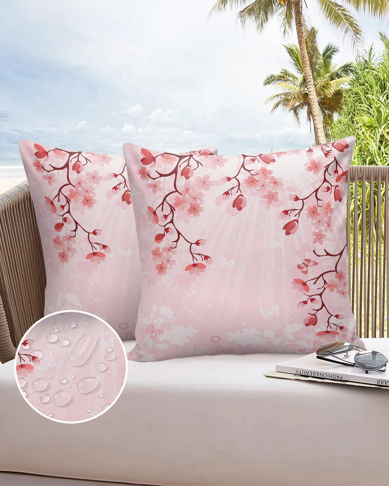 Butterfly Flower Branch Petal Pink Waterproof Pillowcase Decorative