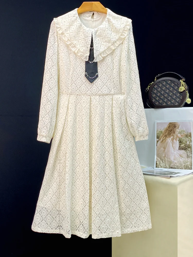 

High end exquisite long sleeved doll neck lace dress 2023 new women's early spring slim temperament dress high-end