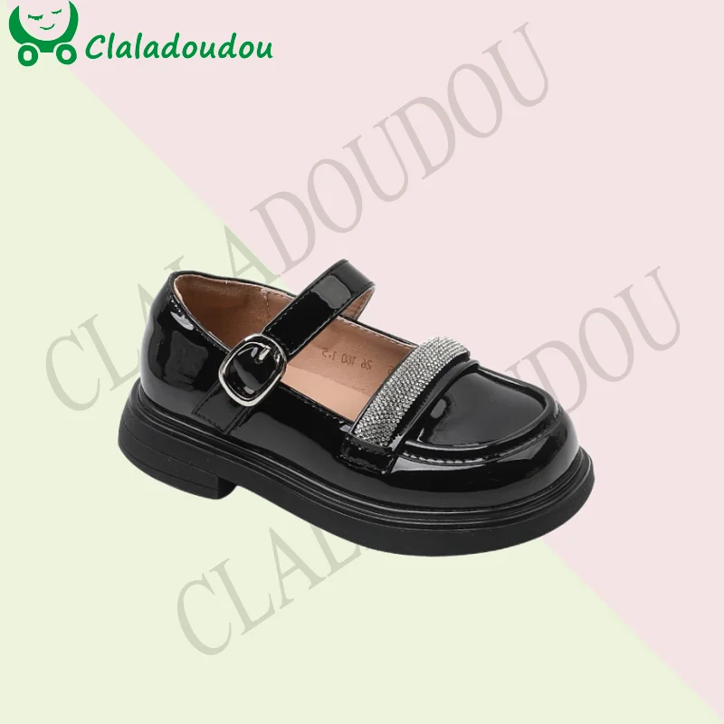

2023 Brand Patent Leather Kids Flats Shoes For Girls Solid Bling Rhinestonces Autumn Dress Shoes For Baby Birthday Beige Black