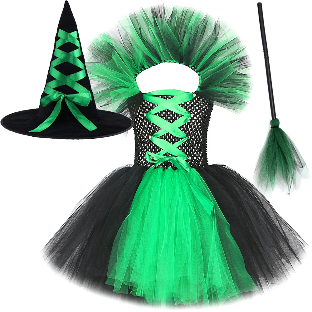 

Green Witch Halloween Costumes for Girls Kids Carnival Party Fancy Dress Tutu Outfit Children Cosplay Dresses with Broom Hat
