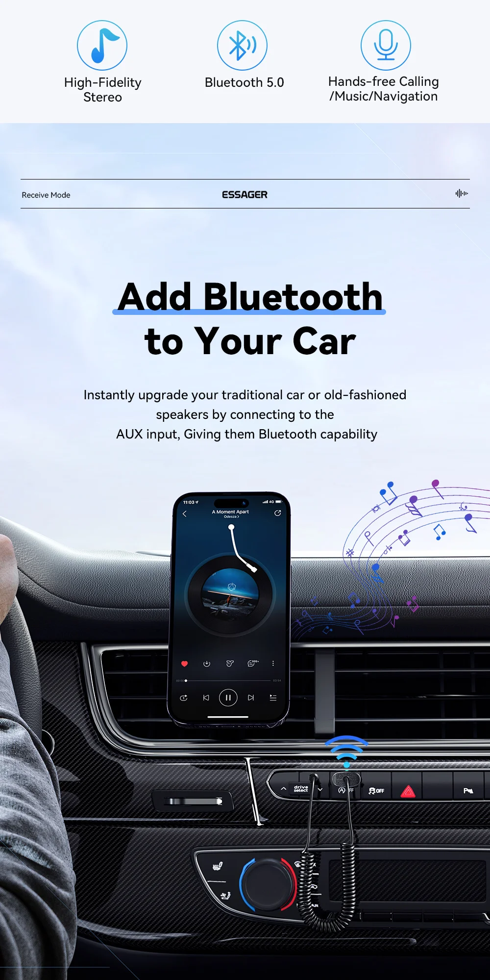 Essager Bluetooth 5.0 Aux Adapter Wireless Car Bluetooth Receiver USB to 3.5mm J