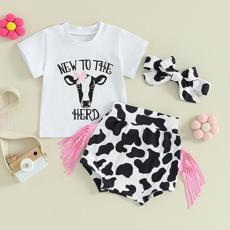 

Newborn Baby Girl Summer Clothes Western Short Sleeve T-shirt Cow Print Shorts with Tassels Headband 3Pcs Set