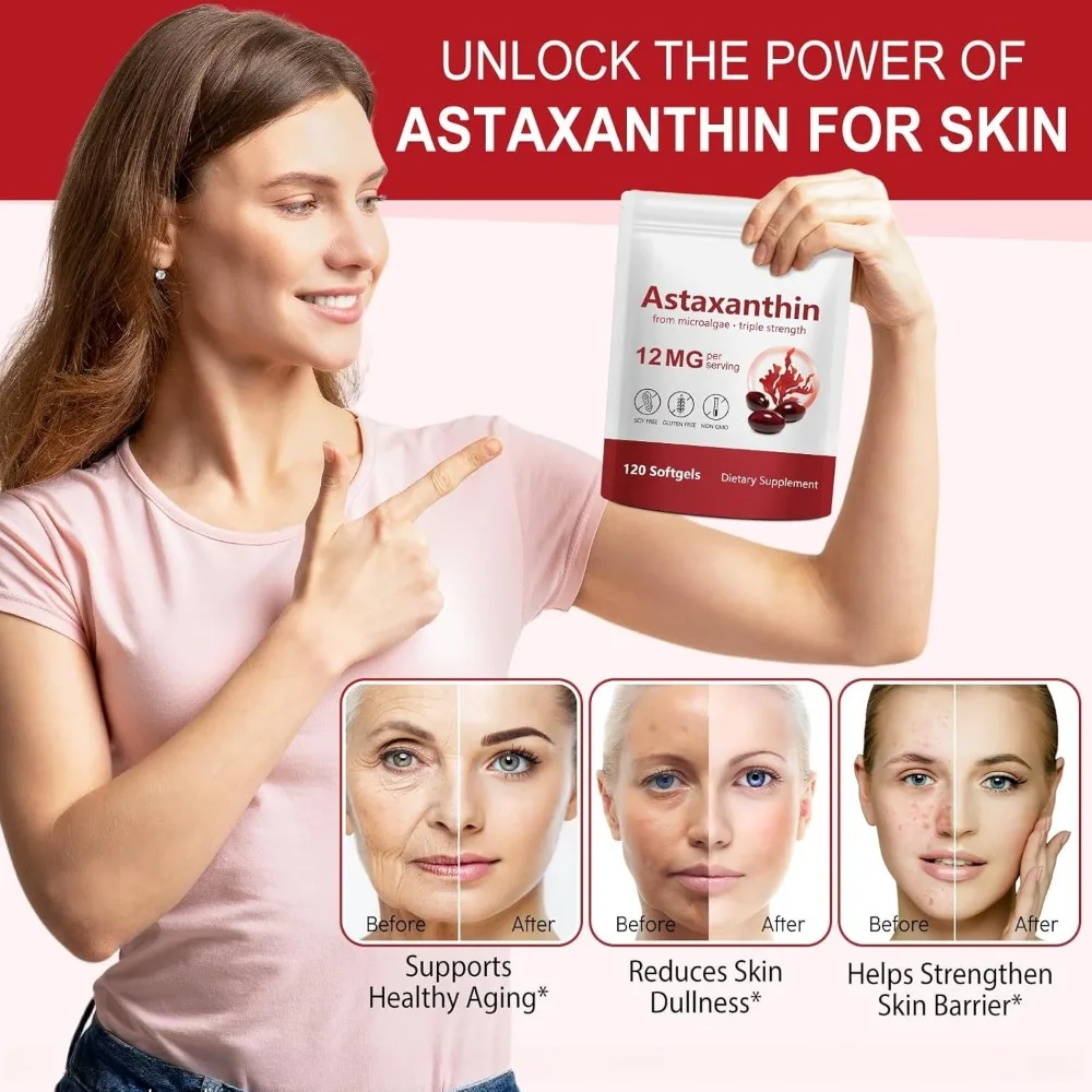 Astaxanthin Softgels 12mg Per Serving Microalgae 120 CT, Gluten-Free Soy-Free, Non-GMO Vegan, Supports Antioxidant Activity