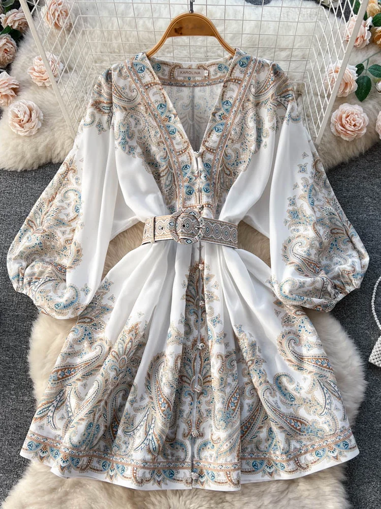 

Женское однобортное Платье с принтом, элегантное облегающее платье с высокой талией, V-образным вырезом и рукавами-фонариками в винтажном французском стиле для отпуска, весна