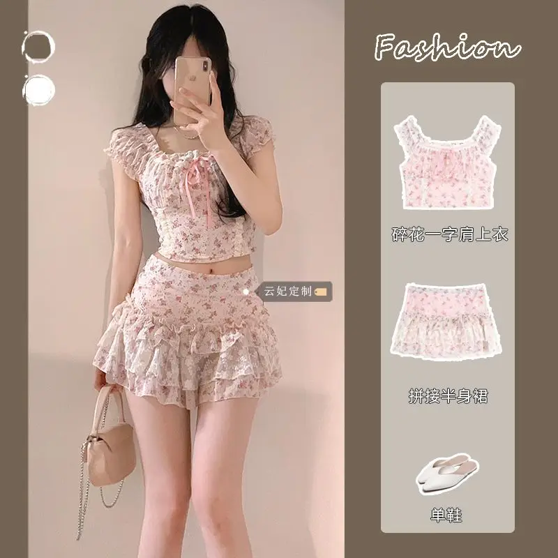 

Женский короткий топ на одно плечо с цветочным принтом, без бретелек, летний топ с высокой талией, тонкое кружевное комбинированное бюстье, милое и острые нежные стильные женские топы